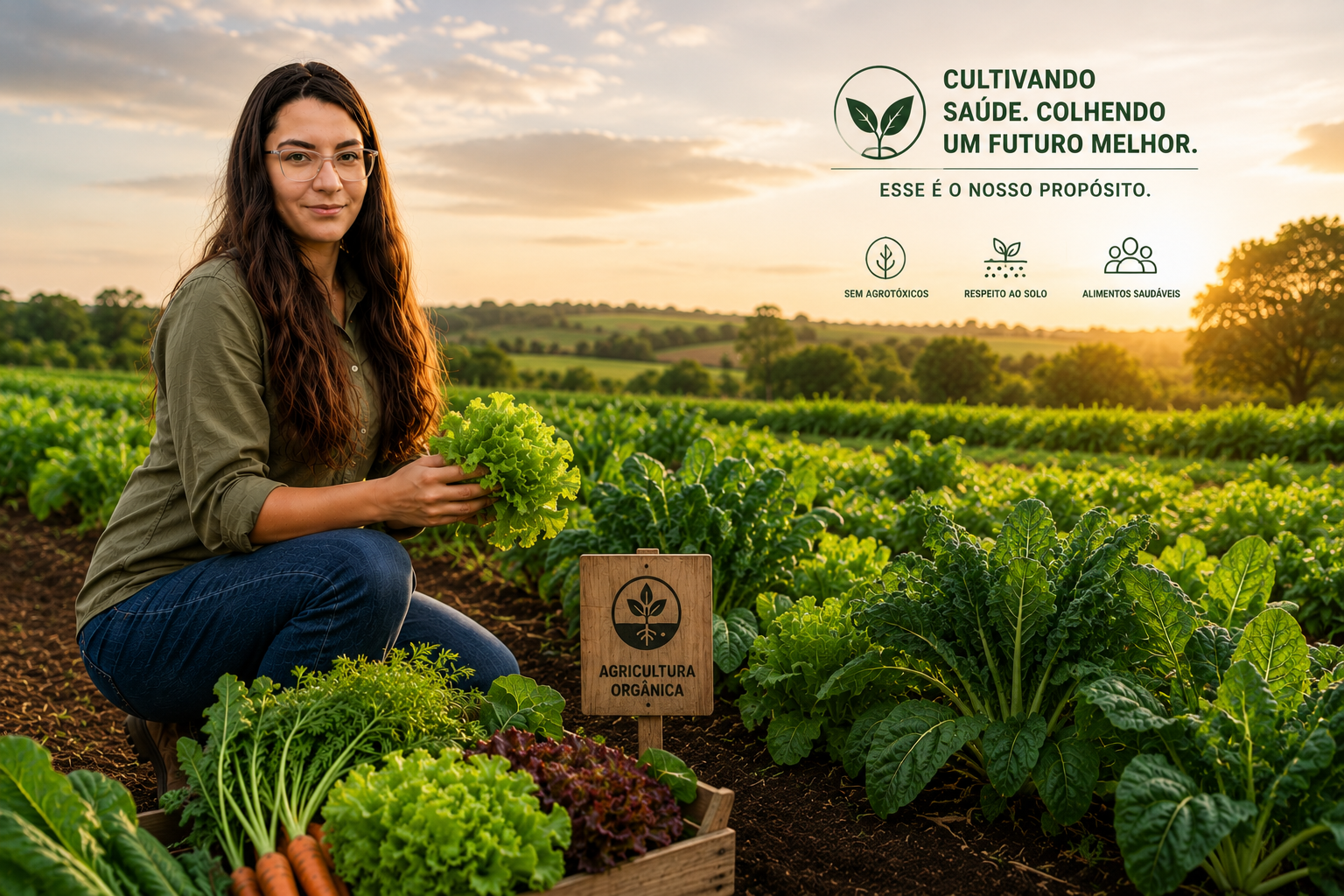 Especialista em agricultura orgânica avaliando hortaliças em uma propriedade rural com apoio de tecnologia.